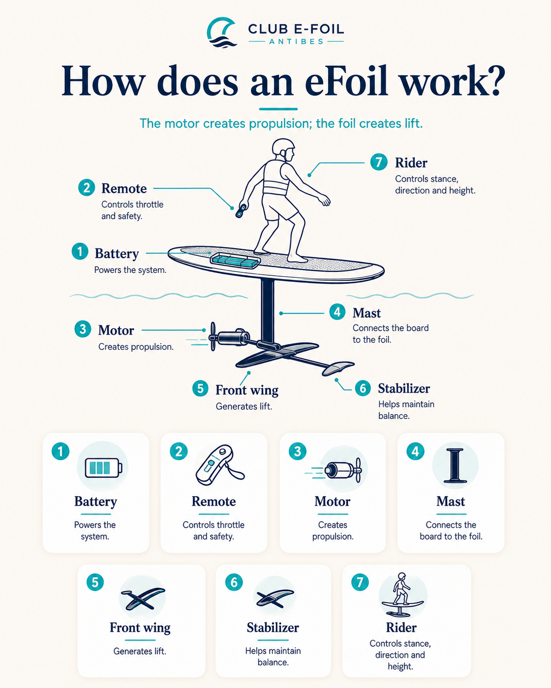 How an eFoil works: battery, motor, mast, wings and rider