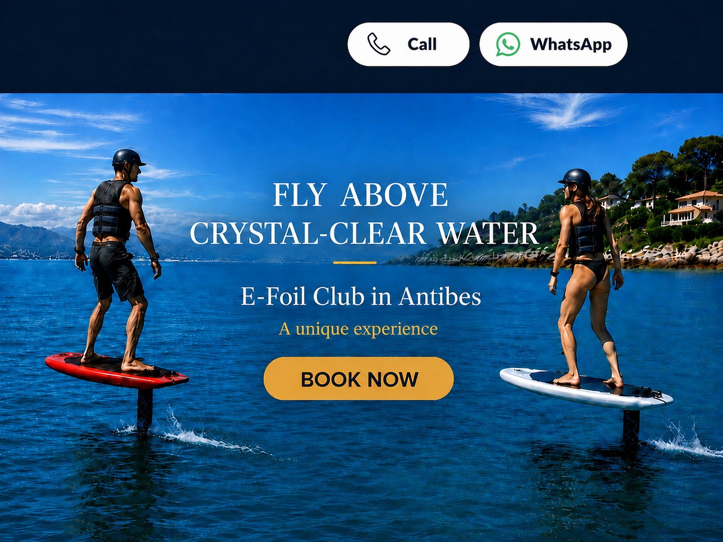 Club E-Foil Antibes, two eFoil riders above crystal-clear water in Cap d’Antibes